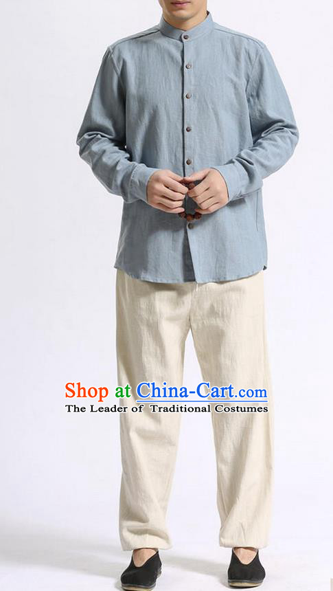Traditional Top Chinese National Tang Suits Linen Costume, Martial Arts Kung Fu Stand Collar Light Blue Shirt, Chinese Kung fu Coconut Buttons Thin Upper Outer Garment Blouse, Chinese Taichi Thin Shirts Wushu Clothing for Men