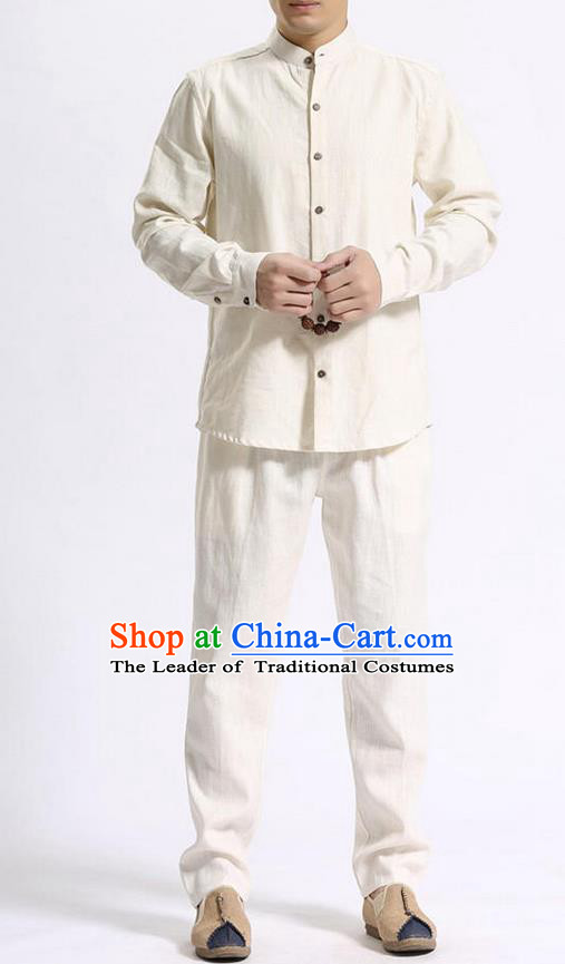 Traditional Top Chinese National Tang Suits Linen Costume, Martial Arts Kung Fu Stand Collar Beige Shirt, Chinese Kung fu Coconut Buttons Thin Upper Outer Garment Blouse, Chinese Taichi Thin Shirts Wushu Clothing for Men