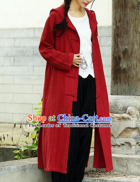 Traditional Top Chinese National Tang Suits Linen Costume, Martial Arts Kung Fu Front Opening Red Hooded Coats, Chinese Kung fu Plate Buttons Dust Coats, Chinese Taichi Long Coats Wushu Clothing for Women