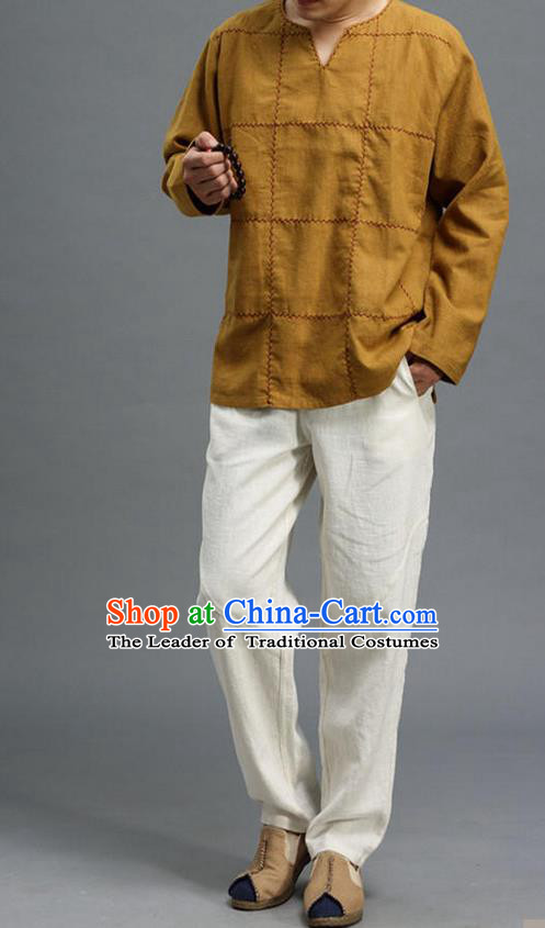 Traditional Top Chinese National Tang Suits Linen Costume, Martial Arts Kung Fu Embroidery Threads Long Sleeve Ginger T-Shirt, Chinese Kung fu Upper Outer Garment Blouse, Chinese Taichi Thin Shirts Wushu Clothing for Men