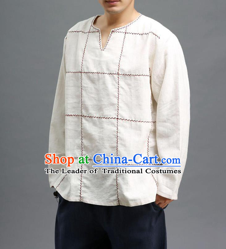 Traditional Top Chinese National Tang Suits Linen Costume, Martial Arts Kung Fu Embroidery Threads Long Sleeve White T-Shirt, Chinese Kung fu Upper Outer Garment Blouse, Chinese Taichi Thin Shirts Wushu Clothing for Men