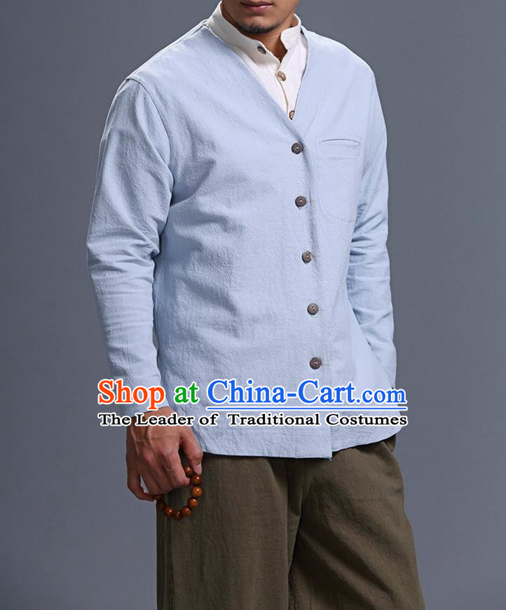 Traditional Top Chinese National Tang Suits Linen Costume, Martial Arts Kung Fu Long Sleeve Light Blue Overcoat, Chinese Kung fu Upper Outer Garment Jacket, Chinese Taichi Thin Short Cardigan Wushu Clothing for Men
