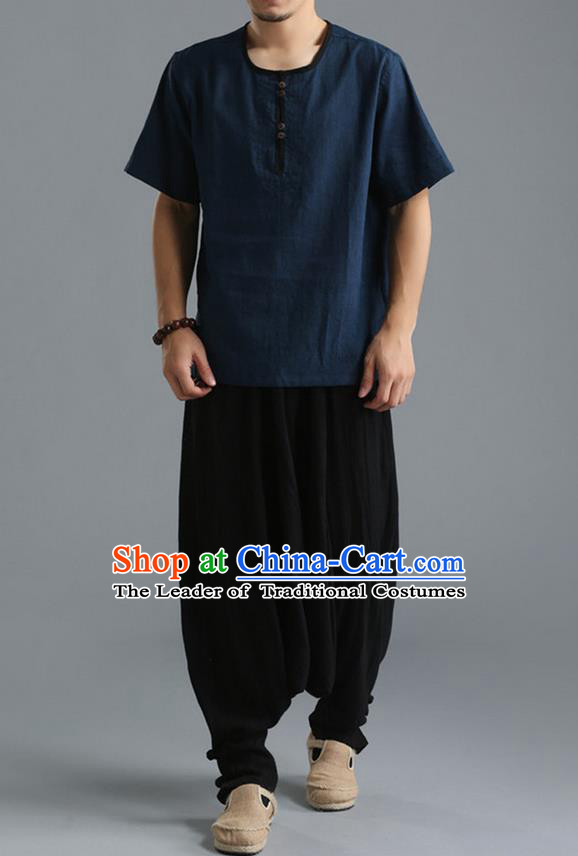 Traditional Top Chinese National Tang Suits Linen Costume, Martial Arts Kung Fu Short Sleeve Navy T-Shirt, Chinese Kung fu Upper Outer Garment Blouse, Chinese Taichi Thin Shirts Wushu Clothing for Men