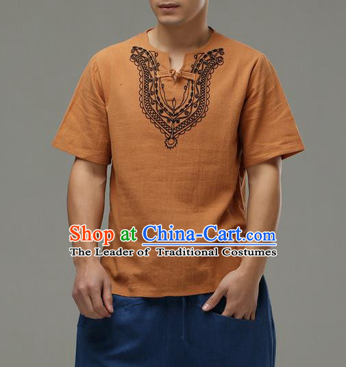 Traditional Top Chinese National Tang Suits Linen Costume, Martial Arts Kung Fu Embroidery Short Sleeve Ginger T-Shirt, Chinese Kung fu Plate Buttons Upper Outer Garment Blouse, Chinese Taichi Thin Shirts Wushu Clothing for Men