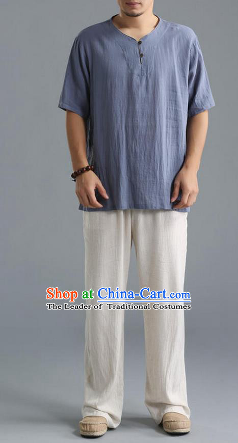 Traditional Top Chinese National Tang Suits Linen Costume, Martial Arts Kung Fu Short Sleeve Blue Shirt, Chinese Kung fu Plate Buttons Upper Outer Garment Blouse, Chinese Taichi Thin Shirts Wushu Clothing for Men