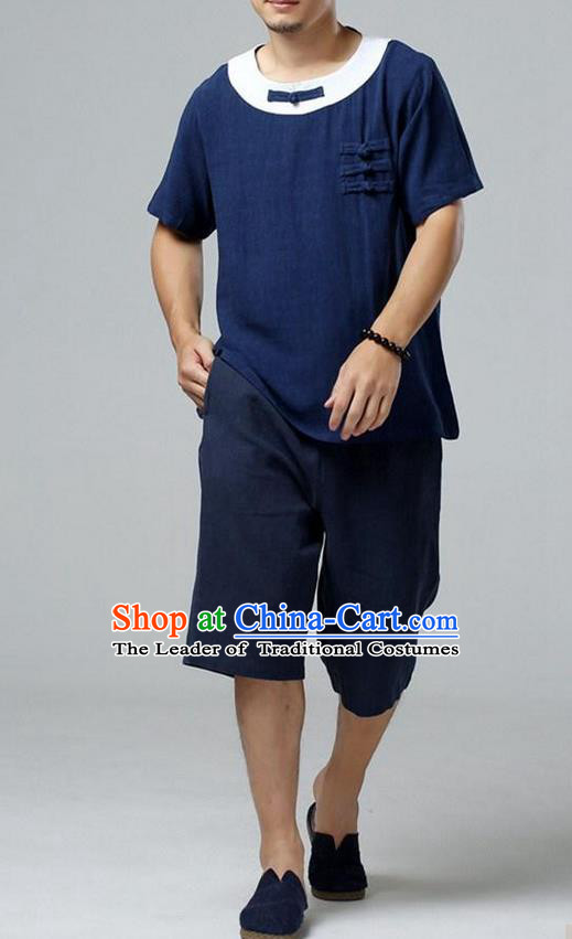 Traditional Top Chinese National Tang Suits Linen Costume, Martial Arts Kung Fu Short Sleeve Navy Gored Shirt, Chinese Kung fu Plate Buttons Upper Outer Garment Blouse, Chinese Taichi Thin Shirts Wushu Clothing for Men