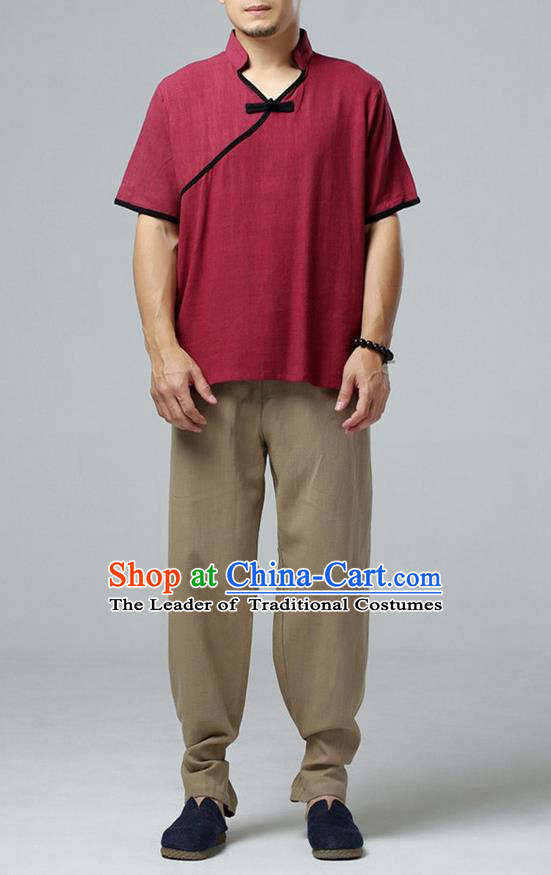 Traditional Top Chinese National Tang Suits Linen Slant Opening Costume, Martial Arts Kung Fu Short Sleeve Red Shirt, Chinese Kung fu Plate Buttons Upper Outer Garment Blouse, Chinese Taichi Thin Shirts Wushu Clothing for Men