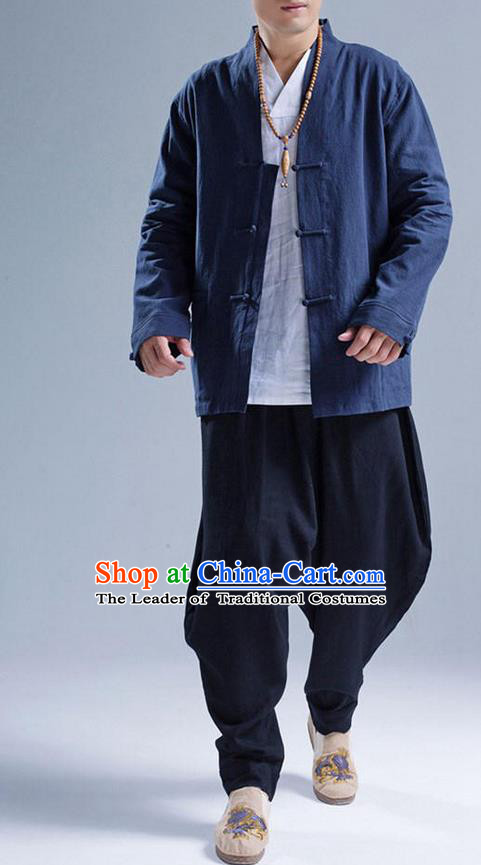 Traditional Top Chinese National Tang Suits Linen Front Opening Costume, Martial Arts Kung Fu Navy Coats, Chinese Kung fu Plate Buttons Jacket, Chinese Taichi Short Coats Wushu Cardigan Clothing for Men