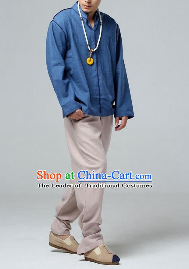 Traditional Top Chinese National Tang Suits Linen Costume, Martial Arts Kung Fu Stand Collar Navy T-Shirt, Chinese Kung fu Upper Outer Garment Blouse, Chinese Taichi Shirts Wushu Clothing for Men