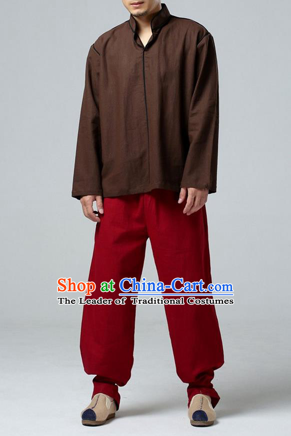 Traditional Top Chinese National Tang Suits Linen Costume, Martial Arts Kung Fu Stand Collar Brown T-Shirt, Chinese Kung fu Upper Outer Garment Blouse, Chinese Taichi Shirts Wushu Clothing for Men