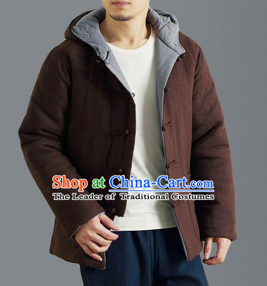 Traditional Top Chinese National Tang Suits Linen Front Opening Costume, Martial Arts Kung Fu Reversible Coffee-Grey Overcoat, Chinese Kung fu Plate Buttons Thin Upper Outer Garment Jacket, Chinese Taichi Thin Cotton-Padded Coats Wushu Clothing for Men