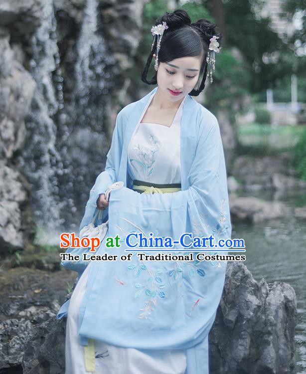 Traditional Ancient Chinese Female Costume Wide Sleeve Cardigan and Dress Complete Set, Elegant Hanfu Underpants Clothing Chinese Tang Dynasty Palace Lady Embroidered Semen Cassiae Clothing for Women