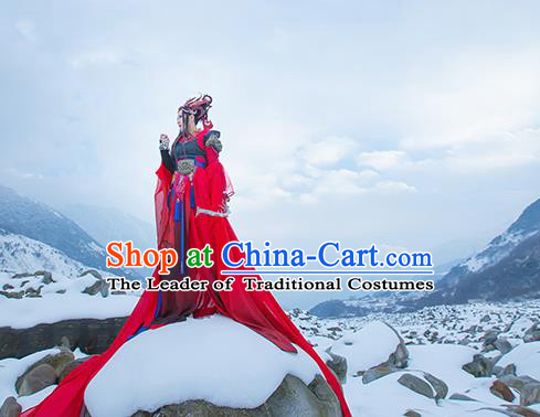 Traditional Asian Chinese Princess Costume, Elegant Hanfu Armour Dress, Chinese Imperial Princess Tailing Embroidered Red Clothing, Chinese Cosplay Fairy Princess Empress Queen Cosplay Costumes for Women