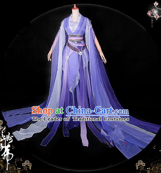 Traditional Asian Chinese Ancient Palace Princess Costume, Elegant Hanfu Violet Water Sleeve Dance Dress, Chinese Imperial Princess Tailing Embroidered Clothing, Chinese Cosplay Fairy Princess Empress Queen Cosplay Costumes for Women