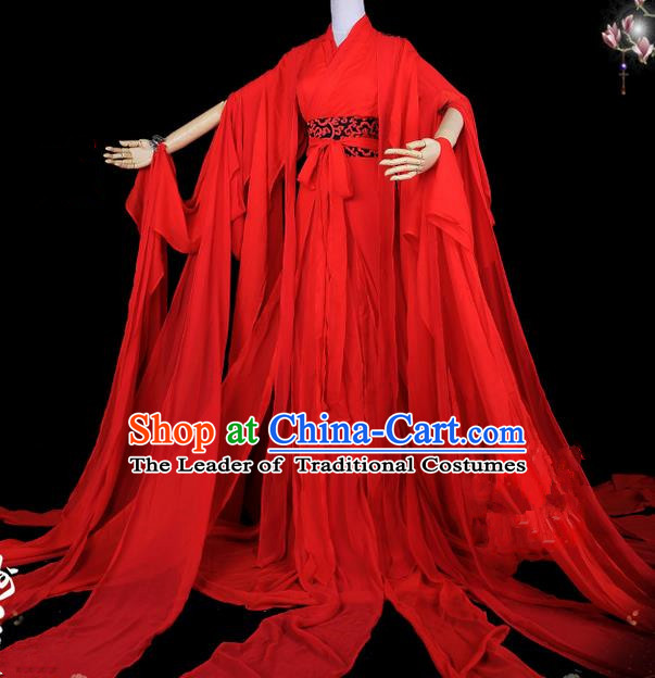 Traditional Asian Chinese Ancient Palace Princess Costume, Elegant Hanfu Water Sleeve Red Dress, Chinese Imperial Princess Tailing Red Clothing, Chinese Fairy Princess Empress Queen Cosplay Costumes for Women