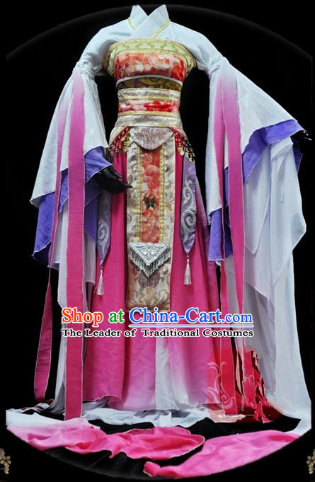 Traditional Asian Chinese Ancient Palace Princess Costume, Elegant Hanfu Water Sleeve Pink Dance Dress, Chinese Imperial Princess Tailing Embroidered Clothing, Chinese Cosplay Fairy Princess Empress Queen Cosplay Costumes for Women