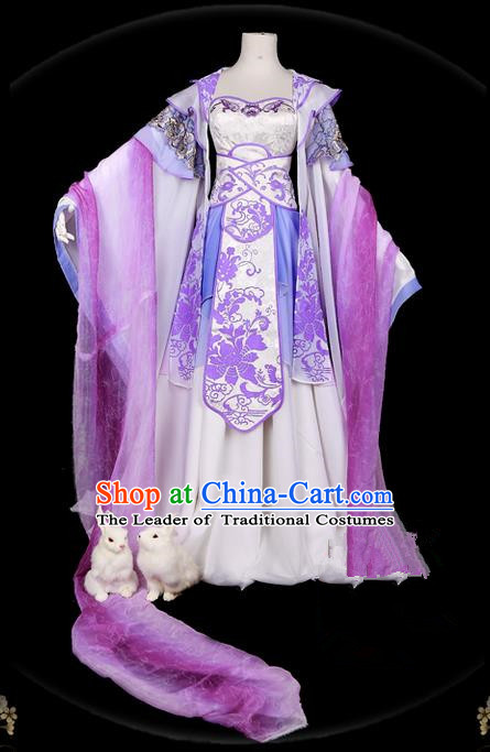 Traditional Ancient Chinese Swordsman Costume, Elegant Hanfu Cosplay Fairy Purple Wide Sleeve Dress Chinese Han Dynasty Imperial Empress Embroidery Tailing Clothing for Women