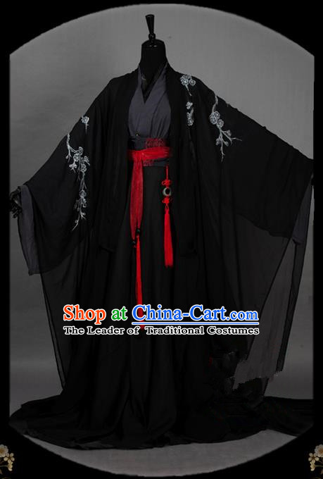 Traditional Asian Chinese Ancient Nobility Childe Costume, Elegant Hanfu Dress, Chinese Imperial Prince Tailing Embroidered Plum Blossom Clothing, Chinese Cosplay Swordsman Costumes for Men