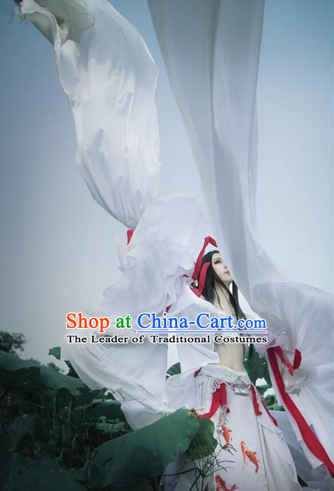 Traditional Ancient Chinese Palace Queen Costume, Elegant Hanfu Cosplay Fairy Water Sleeve Dance Dress Chinese Han Dynasty Imperial Empress Printing Carp Tailing Clothing for Women