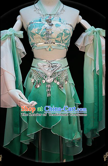 Traditional Ancient Chinese Palace Green Costume, Elegant Hanfu Cosplay Fairy Water Sleeve Dance Short Dress, Chinese Han Dynasty Imperial Princess Clothing for Women
