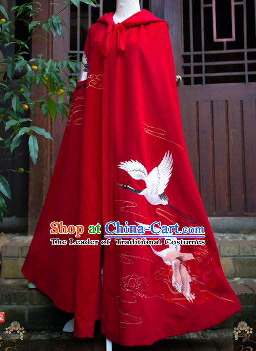 Traditional Asian Chinese Ancient Princess Red Cloak Costume, Elegant Hanfu Mantle Clothing, Chinese Imperial Princess Embroidered Crane Hooded Cape Costumes for Women