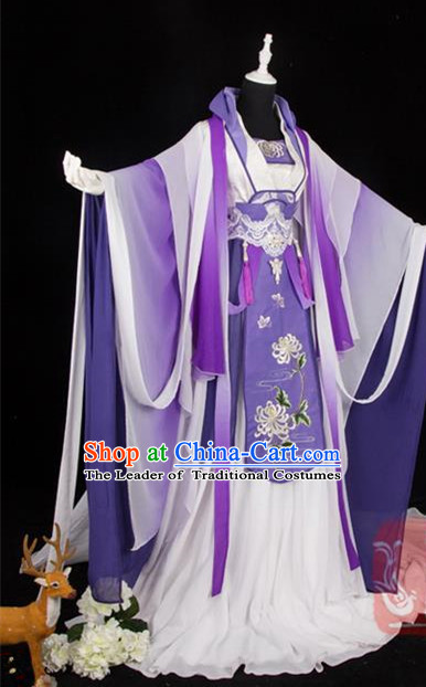 Traditional Ancient Chinese Palace Queen Costume, Elegant Hanfu Cosplay Fairy Wide Sleeve Violet Dress Chinese Tang Dynasty Imperial Empress Embroidery Cloud Tailing Clothing for Women