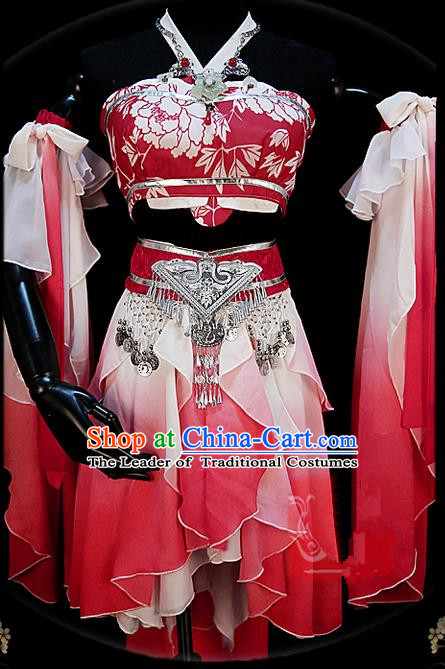 Traditional Ancient Chinese Palace Pink Costume, Elegant Hanfu Cosplay Fairy Water Sleeve Dance Short Dress, Chinese Han Dynasty Imperial Princess Clothing for Women