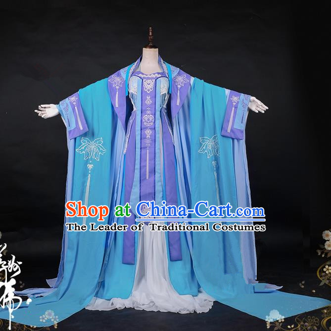 Traditional Ancient Chinese Imperial Consort Costume, Elegant Hanfu Cosplay Fairy Wide Sleeve Dress, Chinese Tang Dynasty Imperial Empress Embroidery Lotus Tailing Clothing for Women