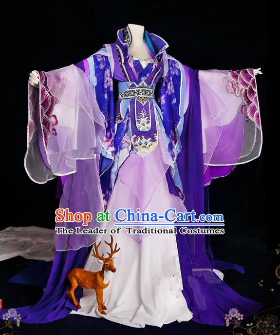 Traditional Ancient Chinese Palace Queen Costume, Elegant Hanfu Cosplay Fairy Purple Wide Sleeve Dress Chinese Tang Dynasty Imperial Empress Embroidery Flowers Tailing Clothing for Women