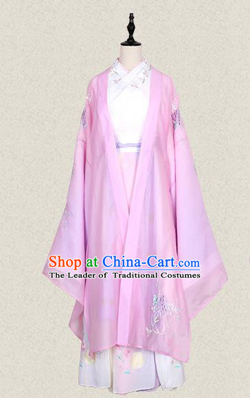 Traditional Ancient Chinese Female Costume Wide Sleeve Cardigan Blouse and Dress Complete Set, Elegant Hanfu Clothing Chinese Tang Dynasty Palace Lady Embroidered Pink Cassiae Clothing for Women
