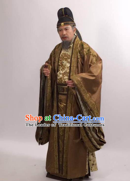 Traditional Ancient Chinese Imperial Emperor Costume and Hat Complete Set, Elegant Hanfu Palace King Robe, Chinese Tang Dynasty Majesty Embroidered Dragon Clothing for Men