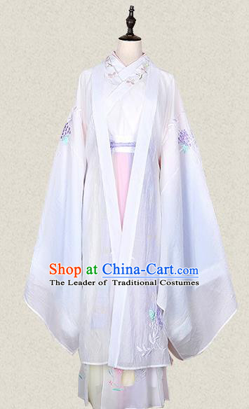 Traditional Ancient Chinese Female Costume Wide Sleeve Cardigan Blouse and Dress Complete Set, Elegant Hanfu Clothing Chinese Tang Dynasty Palace Lady Embroidered White Cassiae Clothing for Women