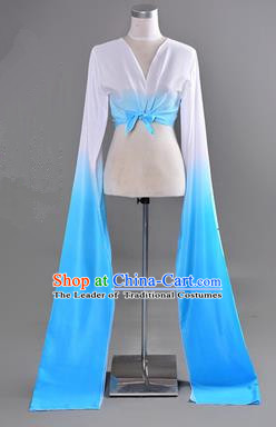 Traditional Chinese Long Sleeve Water Sleeve Dance Suit China Folk Dance Koshibo Long White and Blue Red Gradient Ribbon for Women