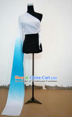Traditional Chinese Long Sleeve Single Water Sleeve Dance Suit China Folk Dance Koshibo Long Blue and White Gradient Ribbon for Women