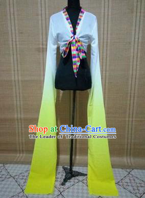 Traditional Chinese Long Sleeve Tibetan Nationality Water Sleeve Dance Suit China Folk Dance Koshibo Long White and Yellow Gradient Ribbon for Women