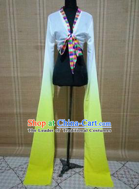 Traditional Chinese Long Sleeve Tibetan Nationality Water Sleeve Dance Suit China Folk Dance Koshibo Long White and Yellow Gradient Ribbon for Women