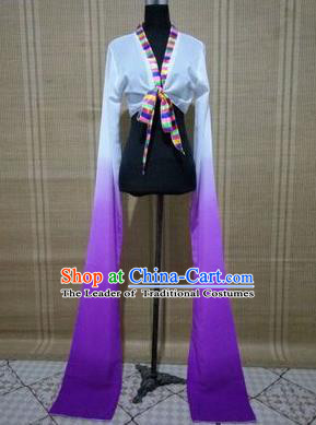 Traditional Chinese Long Sleeve Tibetan Nationality Water Sleeve Dance Suit China Folk Dance Koshibo Long White and Purple Gradient Ribbon for Women