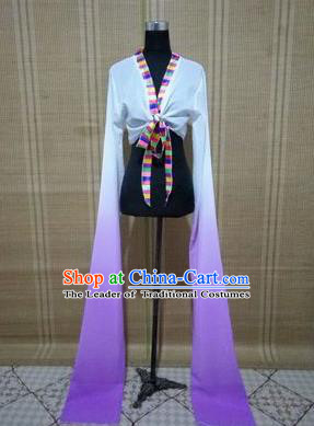 Traditional Chinese Long Sleeve Tibetan Nationality Water Sleeve Dance Suit China Folk Dance Koshibo Long White and Lilac Gradient Ribbon for Women