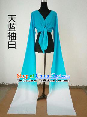 Traditional Chinese Long Sleeve Wide Water Sleeve Dance Suit China Folk Dance Koshibo Long White and Blue Gradient Ribbon for Women