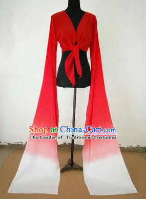 Traditional Chinese Long Sleeve Wide Water Sleeve Dance Suit China Folk Dance Koshibo Long White and Rose Gradient Ribbon for Women