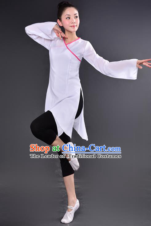 Traditional Chinese Yangge Fan Dancing Costume, China Folk Dance Yangko Dance White Dress For Women