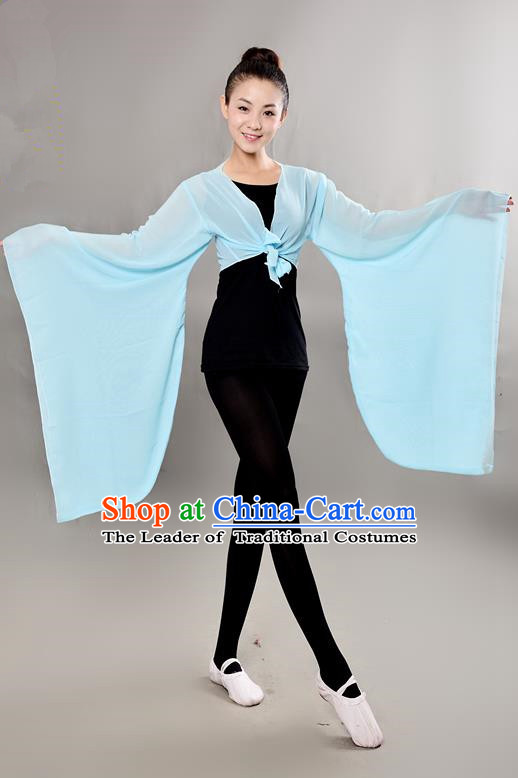 Traditional Chinese Wide Sleeve Water Sleeve Dance Suit China Folk Dance Chiffon Blue Blouse for Women