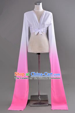 Traditional Chinese Long Sleeve Water Sleeve Dance Suit China Folk Dance Koshibo Long White and Pink Gradient Ribbon for Women