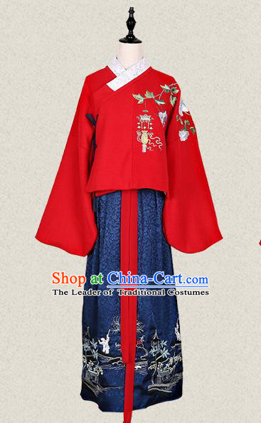 Traditional Ancient Chinese Female Costume Woolen Blouse and Skirt Complete Set, Elegant Hanfu Clothing Chinese Ming Dynasty Palace Lady Embroidered Begonia Crane Clothing for Women