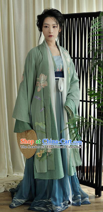 Traditional Ancient Chinese Female Costume Blouse and Dress Cappa Complete Set, Elegant Hanfu Clothing Chinese Tang Dynasty Palace Princess Embroidered Lotus Clothing for Women