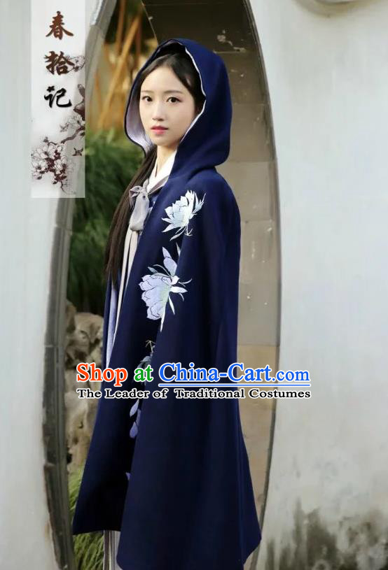 Traditional Ancient Chinese Female Costume Woolen Cardigan, Elegant Hanfu Cloak Chinese Ming Dynasty Palace Lady Embroidered Epiphyllum Hooded Navy Cape Clothing for Women
