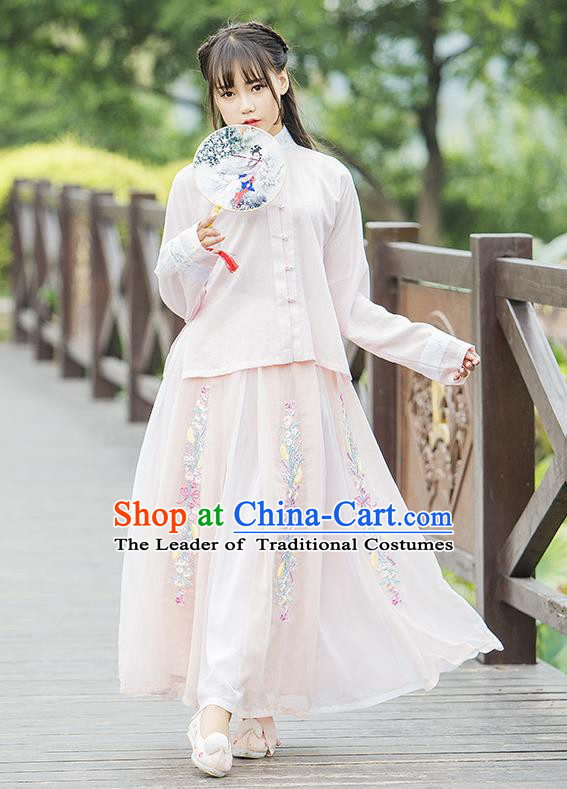 Traditional Ancient Chinese Female Costume Pink Blouse and Dress Complete Set, Elegant Hanfu Clothing Chinese Ming Dynasty Palace Princess Embroidered Swallow Clothing for Women