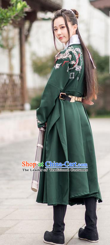Traditional Ancient Chinese Female Swordsman Costume Complete Set, Elegant Hanfu Clothing Chinese Ming Dynasty Palace Imperial Bodyguard Embroidered Dragon Deep Green Clothing for Women