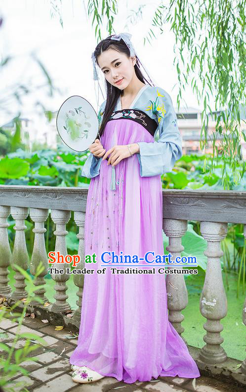 Traditional Ancient Chinese Female Costume Blouse and Dress Complete Set, Elegant Hanfu Clothing Chinese Tang Dynasty Palace Princess Embroidered Orchid Clothing for Women