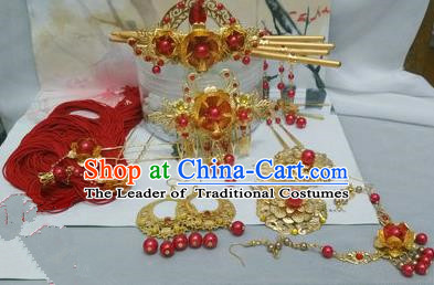 Traditional Handmade Chinese Ancient Classical Red Hair Accessories Earrings and Necklace Complete Set, Hair Sticks Butterfly Hair Jewellery, Hair Fascinators Hairpins for Women